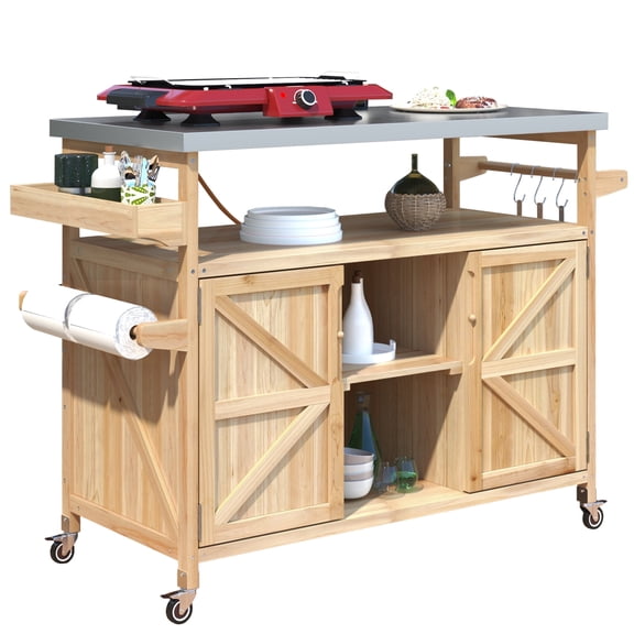 Rolling Kitchen Island with Storage, Fir Wood Portable Kitchen Cart on Wheels, Outdoor Kitchen Island Table, Movable Kitchen Island Cart, Mobile Island for Kitchen with Shelves