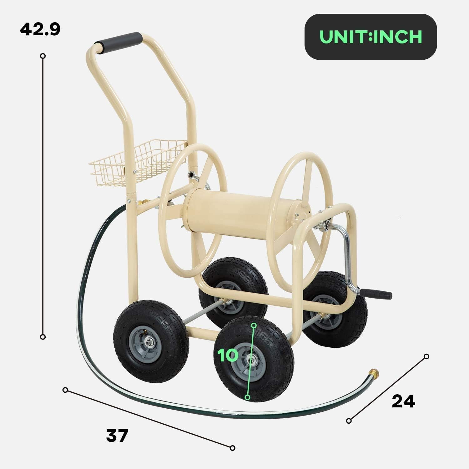 Dkelincs Garden Hose Reel Cart with Wheels 300 Ft of 5/8 in×6Ft Steel Portable Water Hose Reel with Storage Basket, Tan