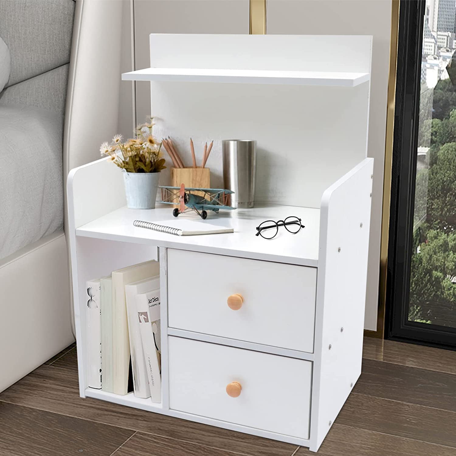 Modern Nightstand with Drawer and Shelf Bedside Table Side Table for Small Place Bed Table End Tables for Bedroom Living Room Home Office White