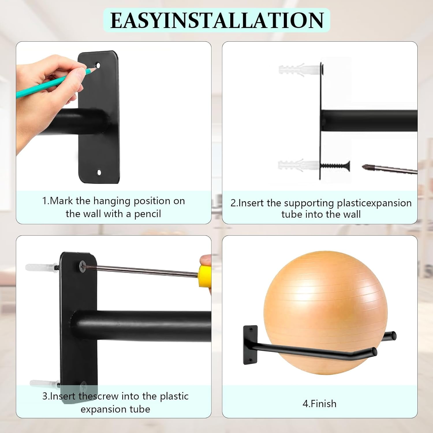 Wall Mount Exercise Ball Holder, Metal Yoga Ball Holder, Heavy Duty Medicine Ball Rack, Stability Ball Storage Rack for Gym, Garage, Home, 2 Pack