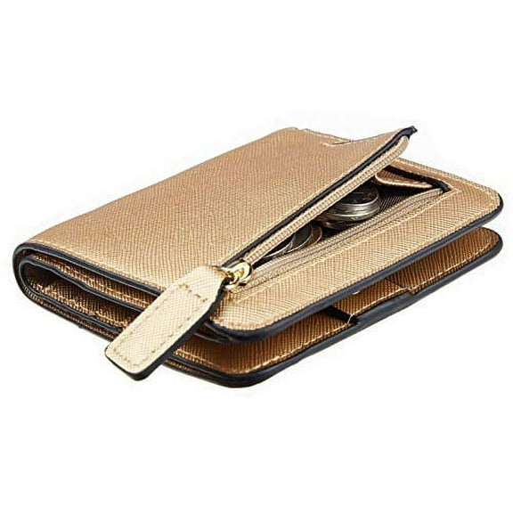 Toughergun Womens Rfid Blocking Small Compact Bifold Leather Pocket Wallet Ladies Mini Purse with ID Window (CH Champagne Gold)
