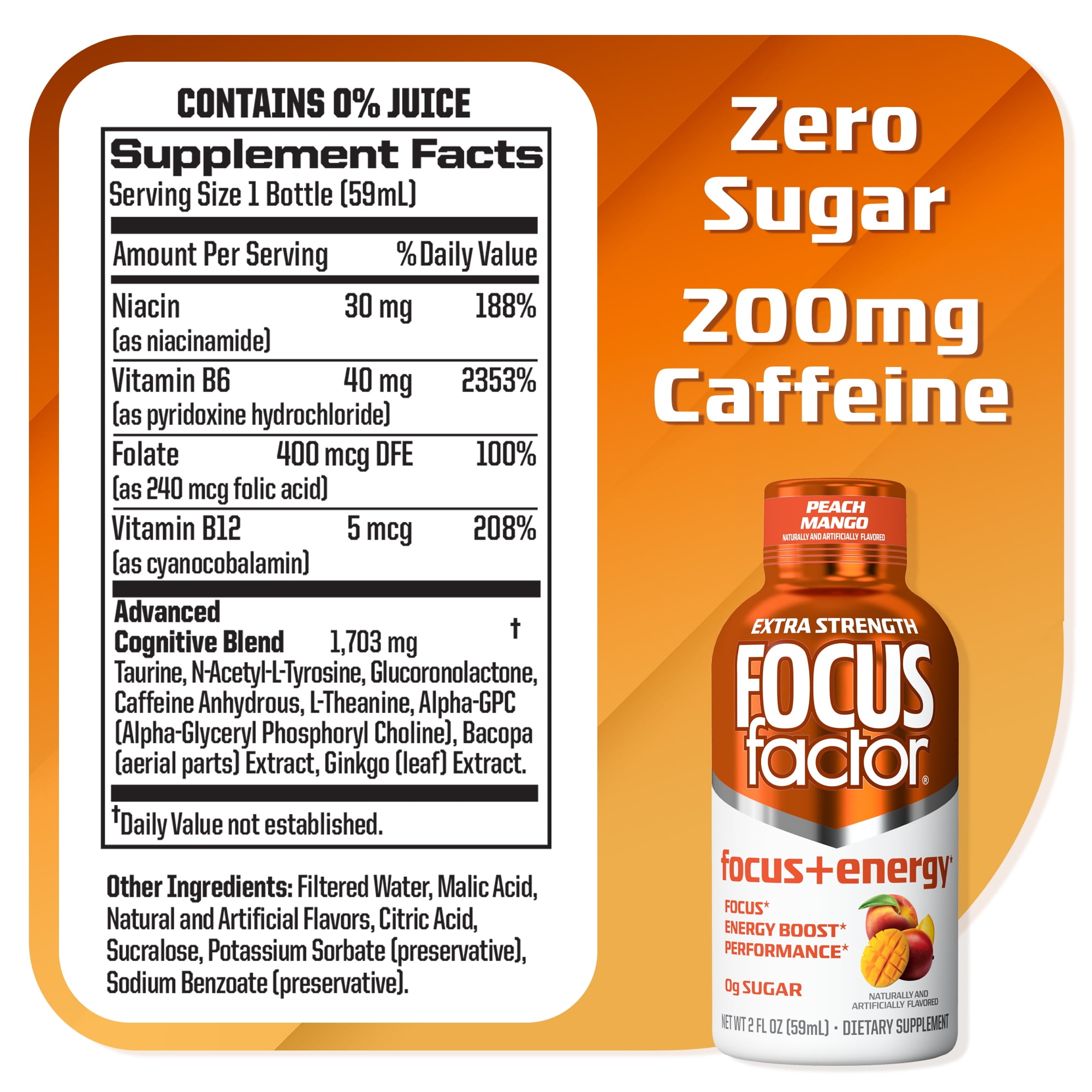 Focus Factor Extra Strength Focus + Energy Shots - 12 x 2oz Bottles (Peach Mango Flavor) - L-Theanine, Ginkgo, Bacopa, L-Tyrosine, Alpha GPC