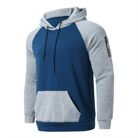 Dagegui Raglan Long Sleeve Sweatshirt for Men Trendy Patchwork Hoodies Slim Fit Fleece Top Winter Hooded Pullover with Pocket Blue M