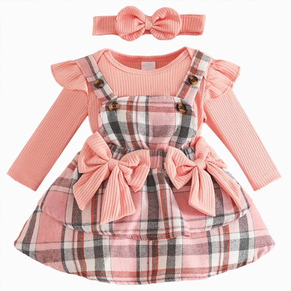 HCNTES Girls Clothes Baby Girl Matching Outfit Sets 3 6 9 12 Months Newborn Long Sleeve Romper Bodysuit Dress Headband 3PCS Toddler Fall Winter Vintage Clothing