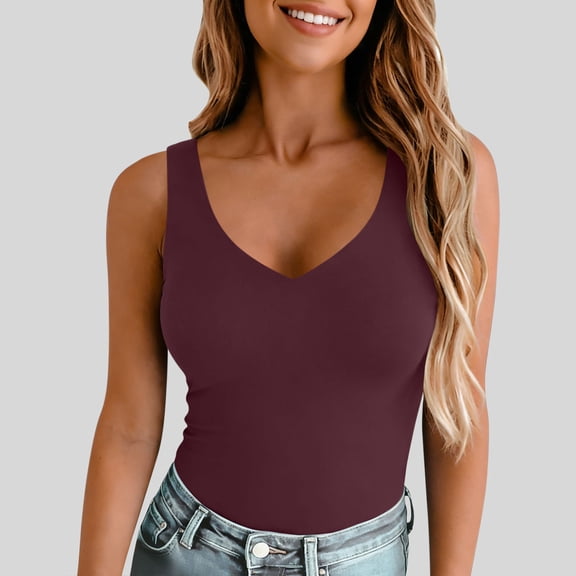 ClodeEU Women's V Neck Spaghetti Strap Tank Top,Solid Color Casual Slim Spring Summer Tank Wine,Womens Plus M