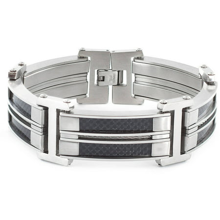Crucible Stainless Steel Carbon Fiber and Cable Inlay Link Bracelet