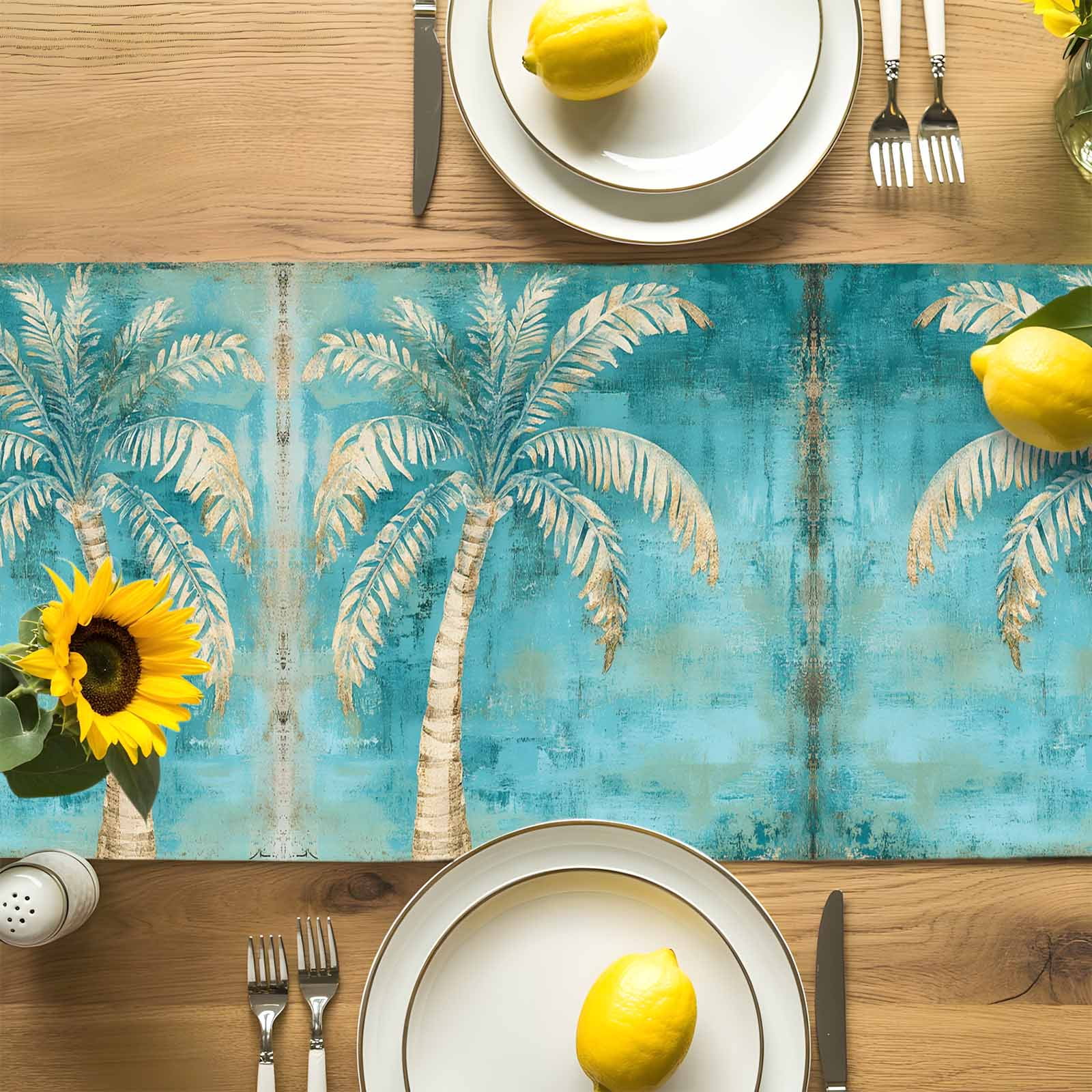 Green Tree Coastal Beach Cotton Linen Table Runner for Dining Kitchen, Vintage Tropical Plant Wedding Outdoor Party Tablerunners Decoration, Dresser Scarf Coffee Tablecloth Runners 13x70 Inches