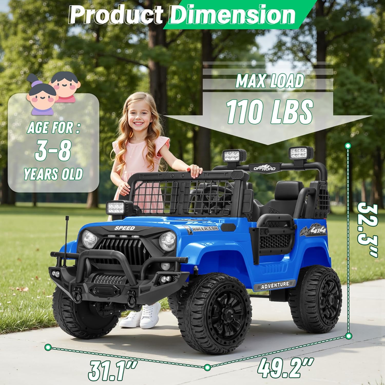 HappyToysWorld Kids Ride On Car 24V with Parent Remote Control, 2-Seater Electric Toy Truck for Big Boys & Girls, 4 Shock Absorbers, 3 Speed Modes, 24 Volt Battery Powered Vehicle