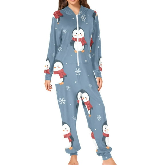 Christmas Cute Penguins with Red Scarf Adult's Hoodie Onesie Jumpsuit One-Piece Pajamas with Zipper Unisex for Holiday S