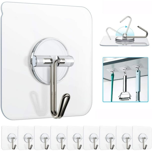 Adhesive Hooks, Reusable Utility Hooks Heavy Duty 13LB Wall Hooks  Transparent Seamless Hooks Waterproof and Oil Proof for Kitchen Bathroom  Ceiling Office Window 10 Pack 