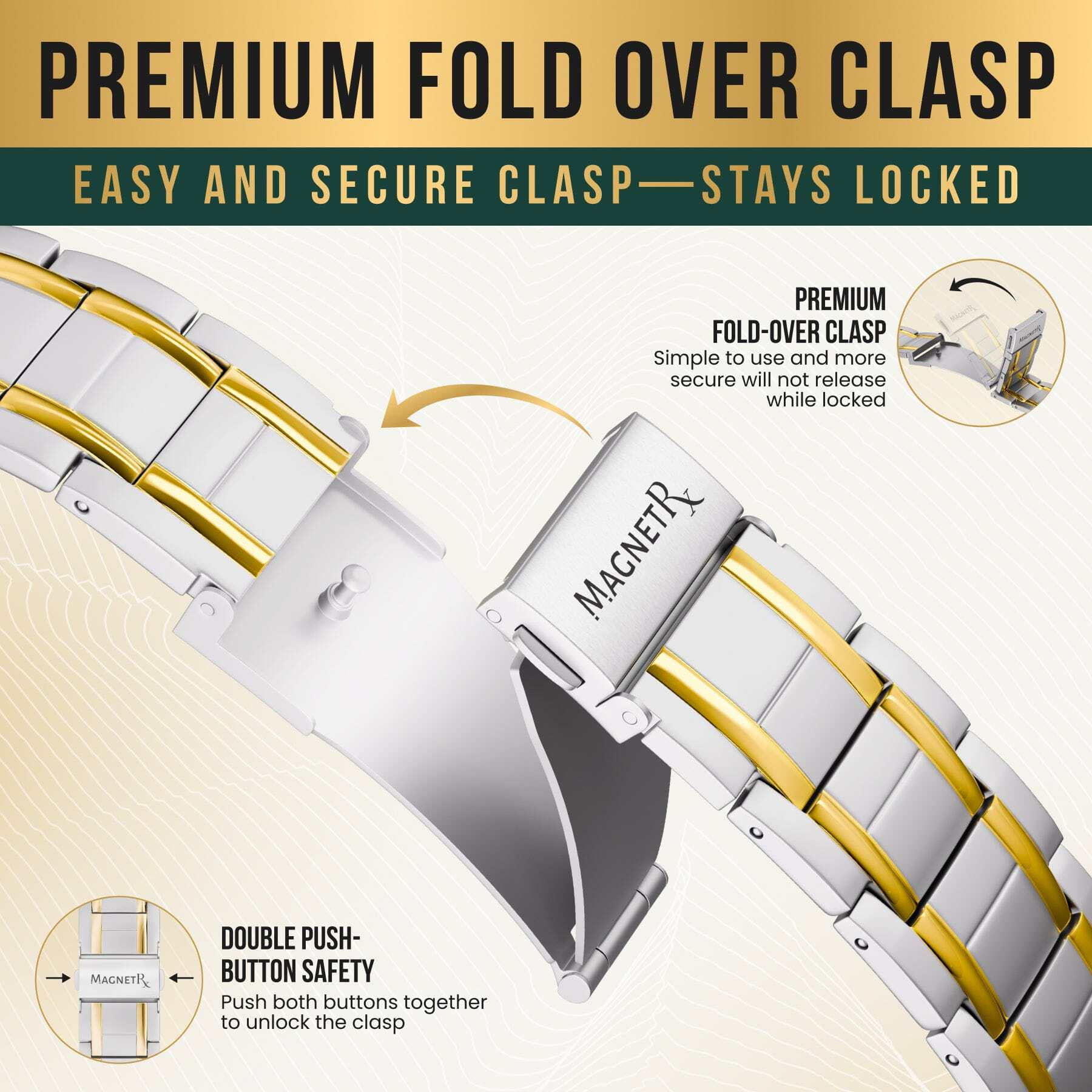 MagnetRX® Titanium Bracelet – Bracelets for Men – Premium Fold-Over Clasp & Adjustable Length with Sizing Tool (Silver & Gold)
