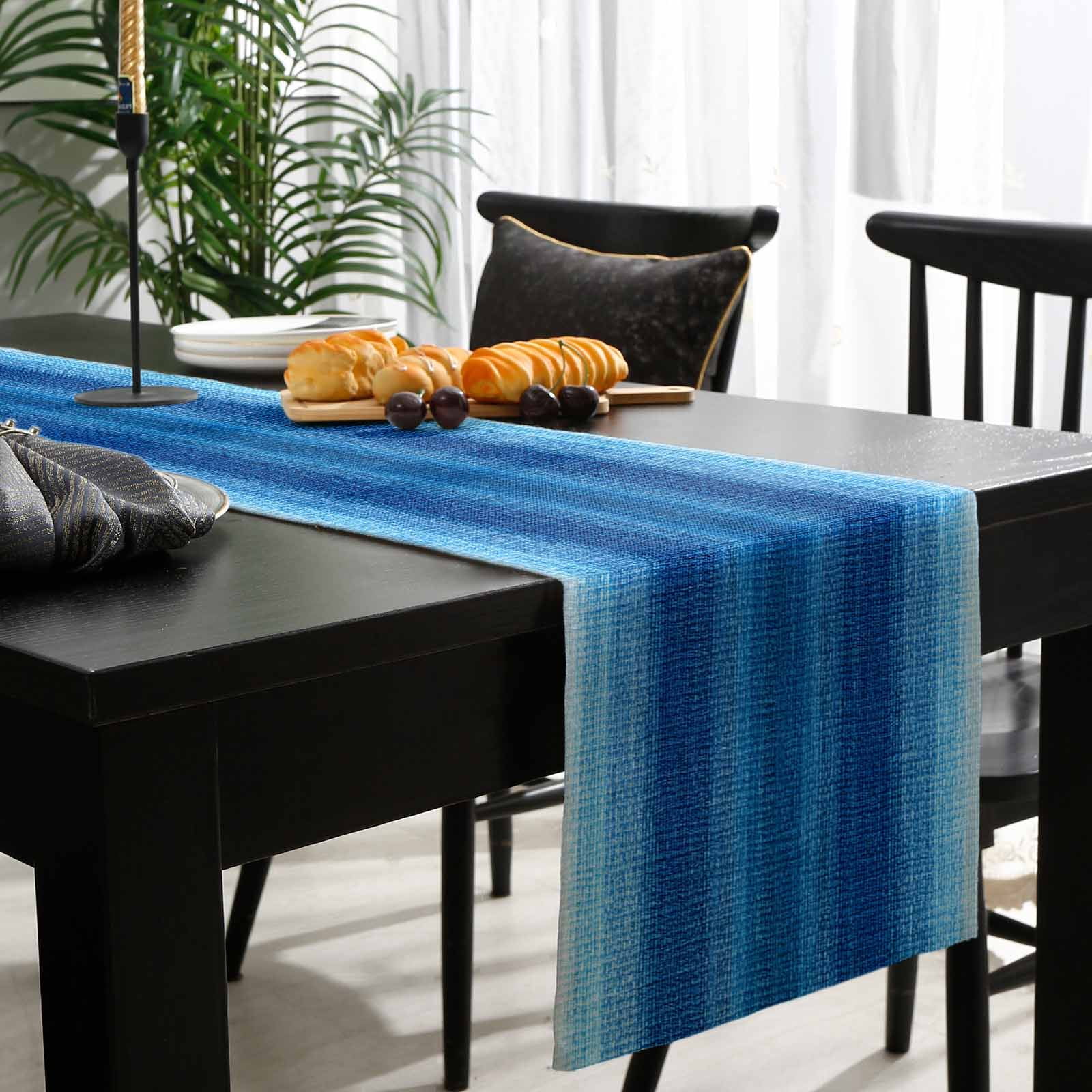 Blue Ombre Stripes Cotton Linen Table Extra Long Runner 13 x 120 inch Modern Gradient Abstract Texture Non-slip Rectangular Dining Table Decor for Wedding Party Holiday Dinner