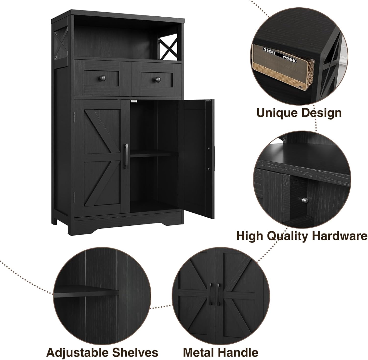 Set of 2 Black Storage Cabinet with Drawers and Shelves, Freestanding Black Kitchen Pantry, Floor Storage Cabinet Hutch Cupboard for Dining, Living Room, Home Office