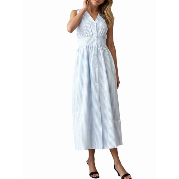 Women Sleeveless Shirt Dress Collar Striped V Neck Casual Midi Dresses Light Blue S