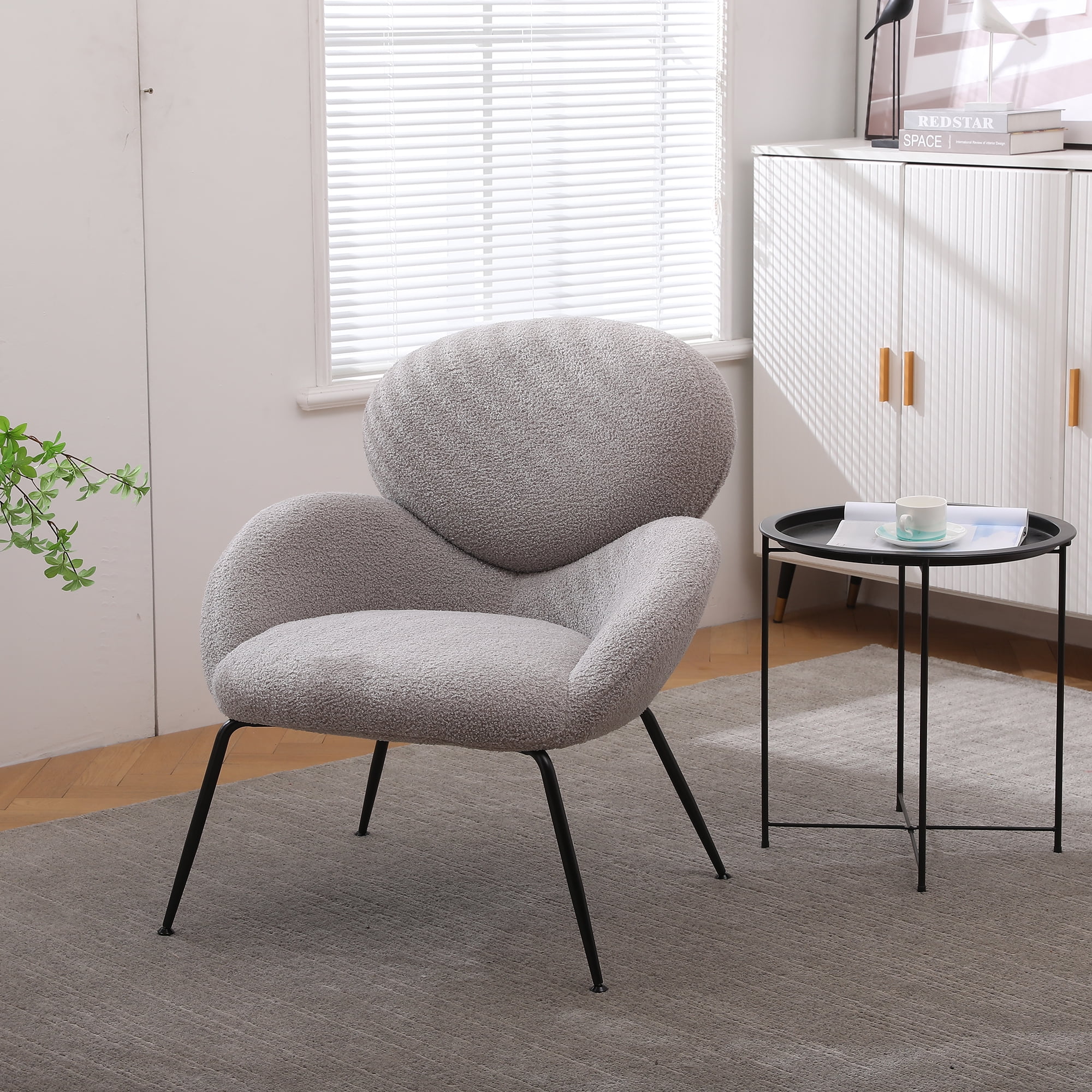 Kadyn Modern Sherpa Armchair with Black Metal Legs, Comfy and Soft Chairs for Bedroom, Grey