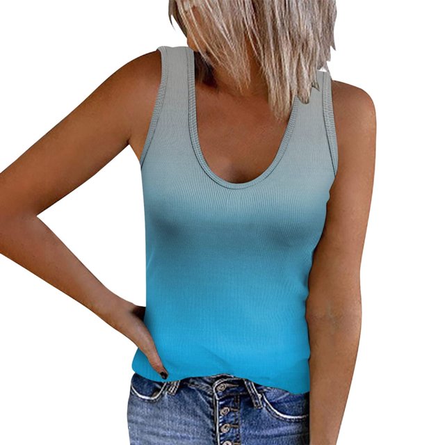 Camisetas de entrenamiento de verano Honeeladyy para mujer, informales, con degradado, acanaladas, cuello redondo, sin mangas, para deportes atléticos, yoga, color azul