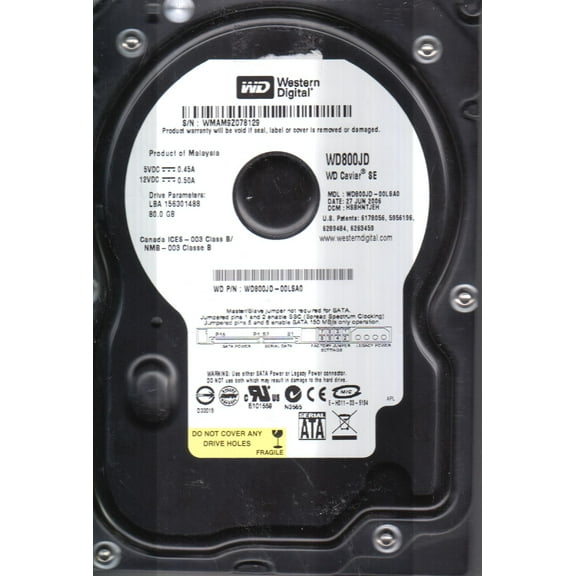 WD800JD-00LSA0, DCM HSBHNTJEH, Western Digital 80GB SATA 3.5 Hard Drive