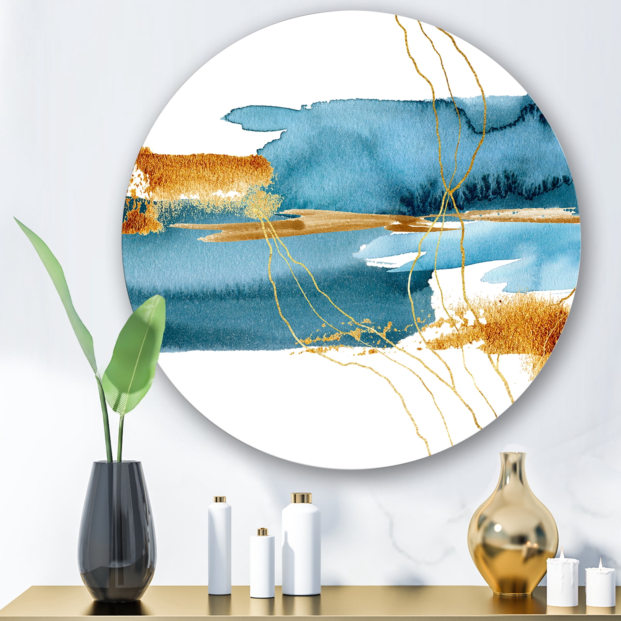 Designart 'Golden Laminaria Branch With Blue Underwater Plant' Modern Circle Metal Wall Art 23x23 - Disc of 23