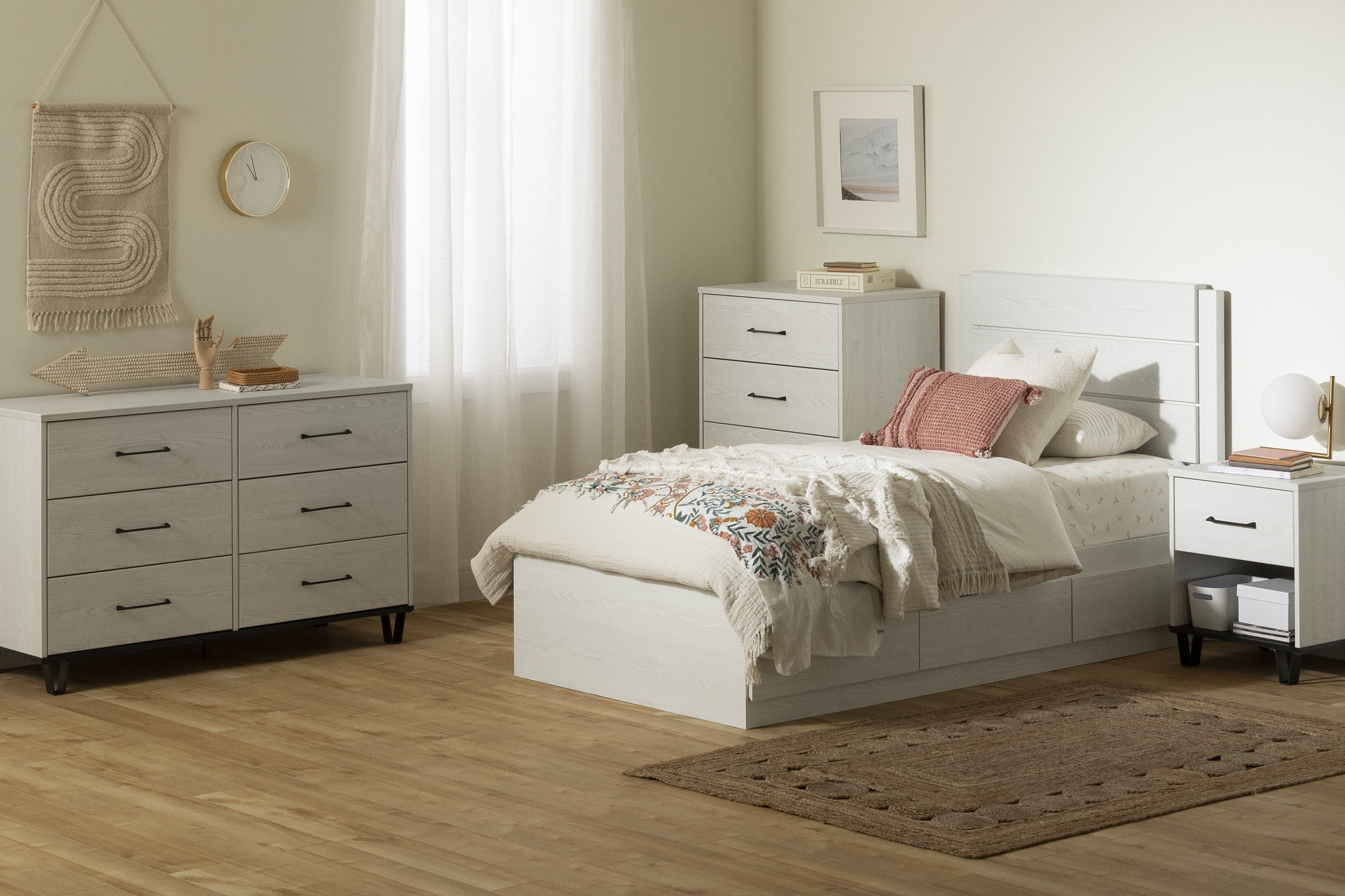 South Shore Arlen Twin Mates Bed with 3 Drawers and Headboard Set, in White Pine