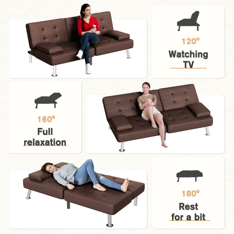 Lacoo Linen Futon Sofa Bed Modern Convertible Sleeper Couch with Removable Armrests & Cup Holders for Living Room,Small Spaces,PU Leather Brown