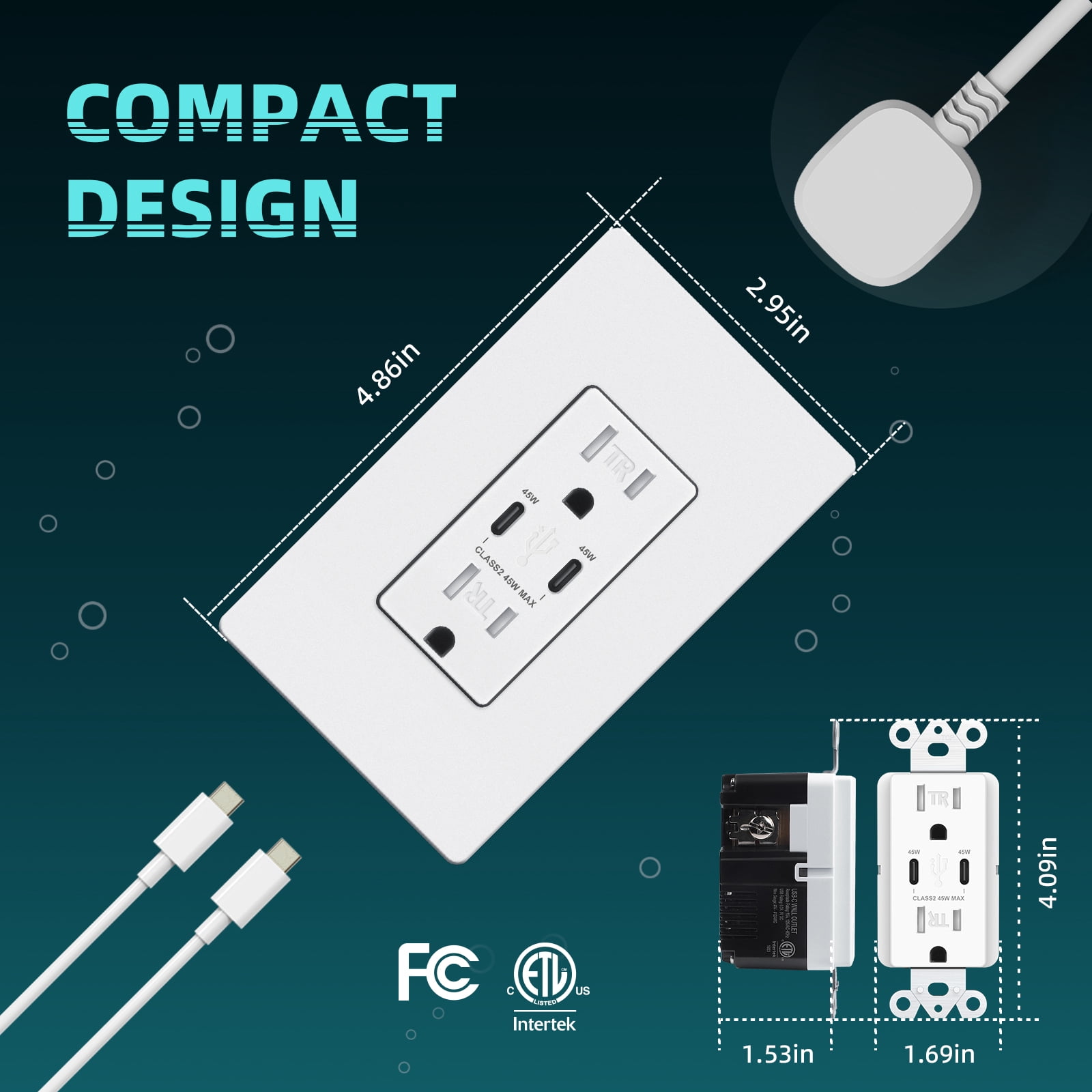 TOPELER PD USB Wall Outlet, 45w Fast Speed 2 Type-C Ports Charger Receptacles, 15A TR Receptacle, Screwless Wall Plate Included, ETL Listed & FCC Approval