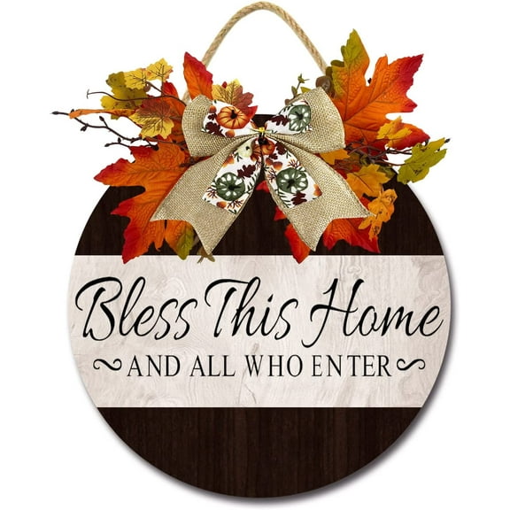 Eveokoki 12" Bless This Home and All Who Enter Signs for Front Door Farmhouse Porch Rustic Round Wooden Hanging Wreaths for Housewarming Gift Festival Maple Leaves Decoration Outdoor Indoor