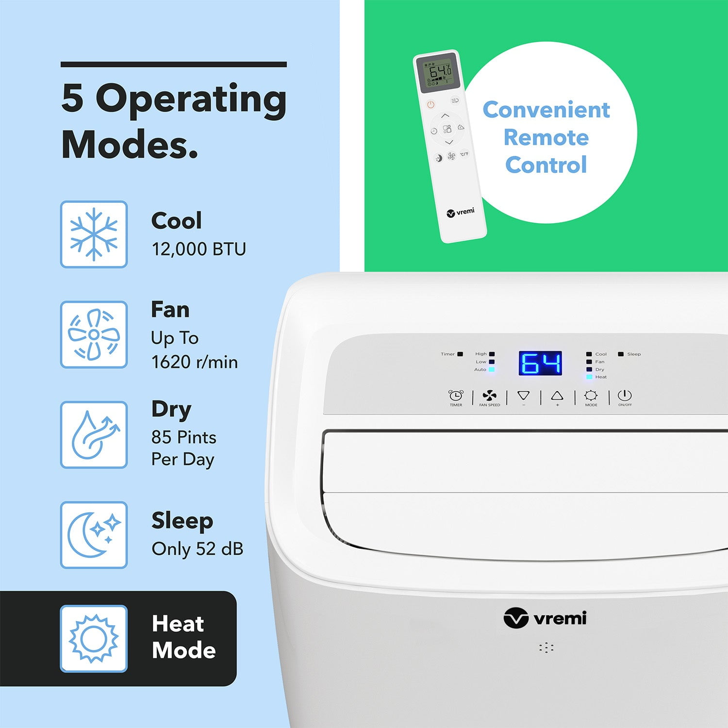 Vremi 12000 BTU Portable Air Conditioner with Heat - Easy to Move AC Unit for Rooms up to 350 Sq Ft - with Powerful Cooling Fan, Reusable Filter, Auto Shut Off (8150 BTU New DOE)