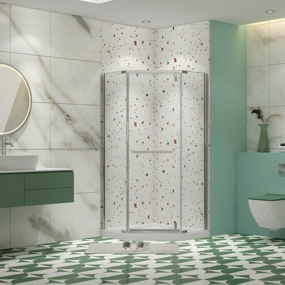 Pivot shower door, with 1/4" tempered glass , 34.75 in. x 72 in. Frameless Neo-Angle Pivot Shower Enclosure in Chrome.