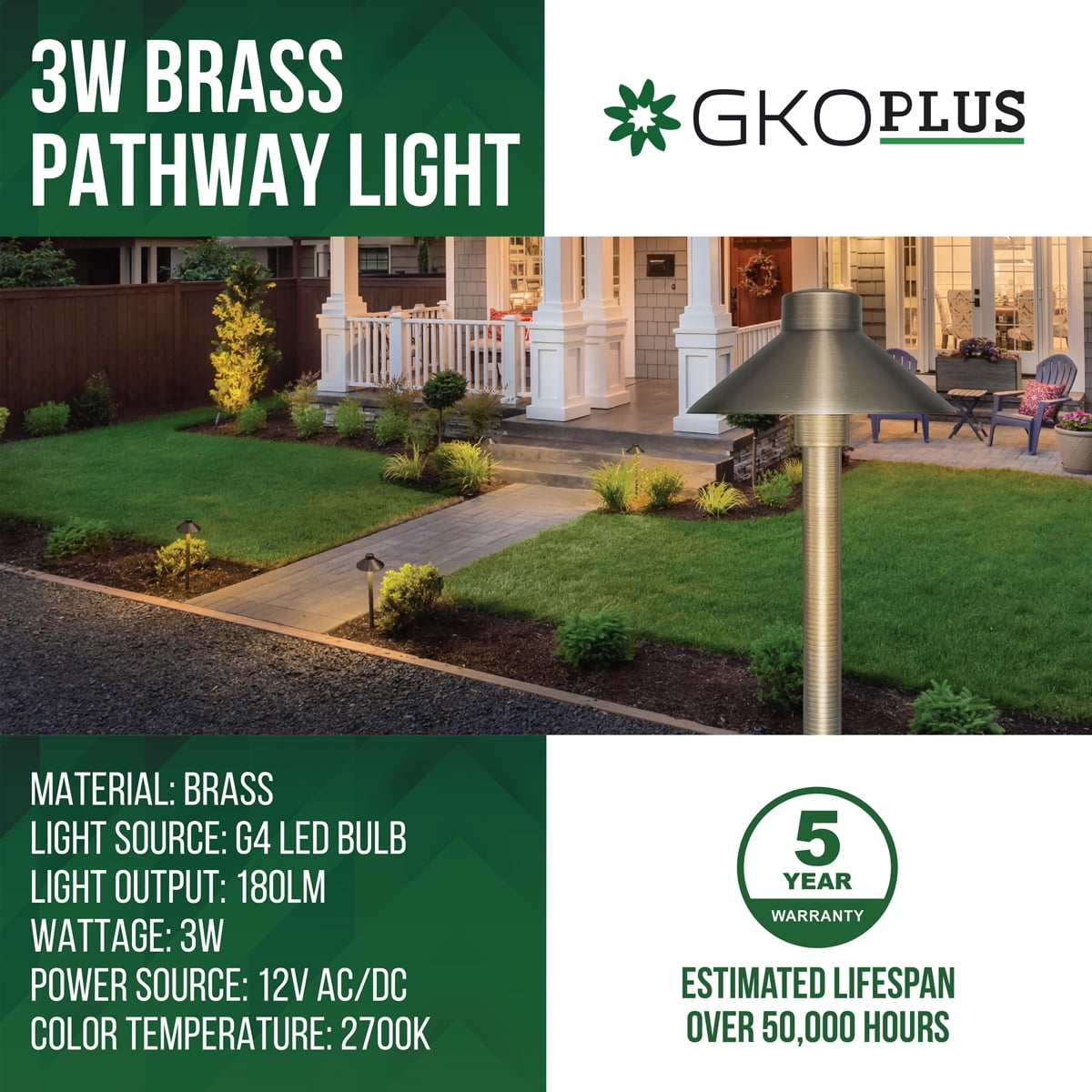 GKOplus Solid Brass Pathway Lights, Low Voltage LED Landscape Path Light, Outdoor Waterproof Accent Light, 12V AC/DC, 2700K Warm White, with 3W G4 LED Bulb & Large Rugged Slot Spike, 2 Pack