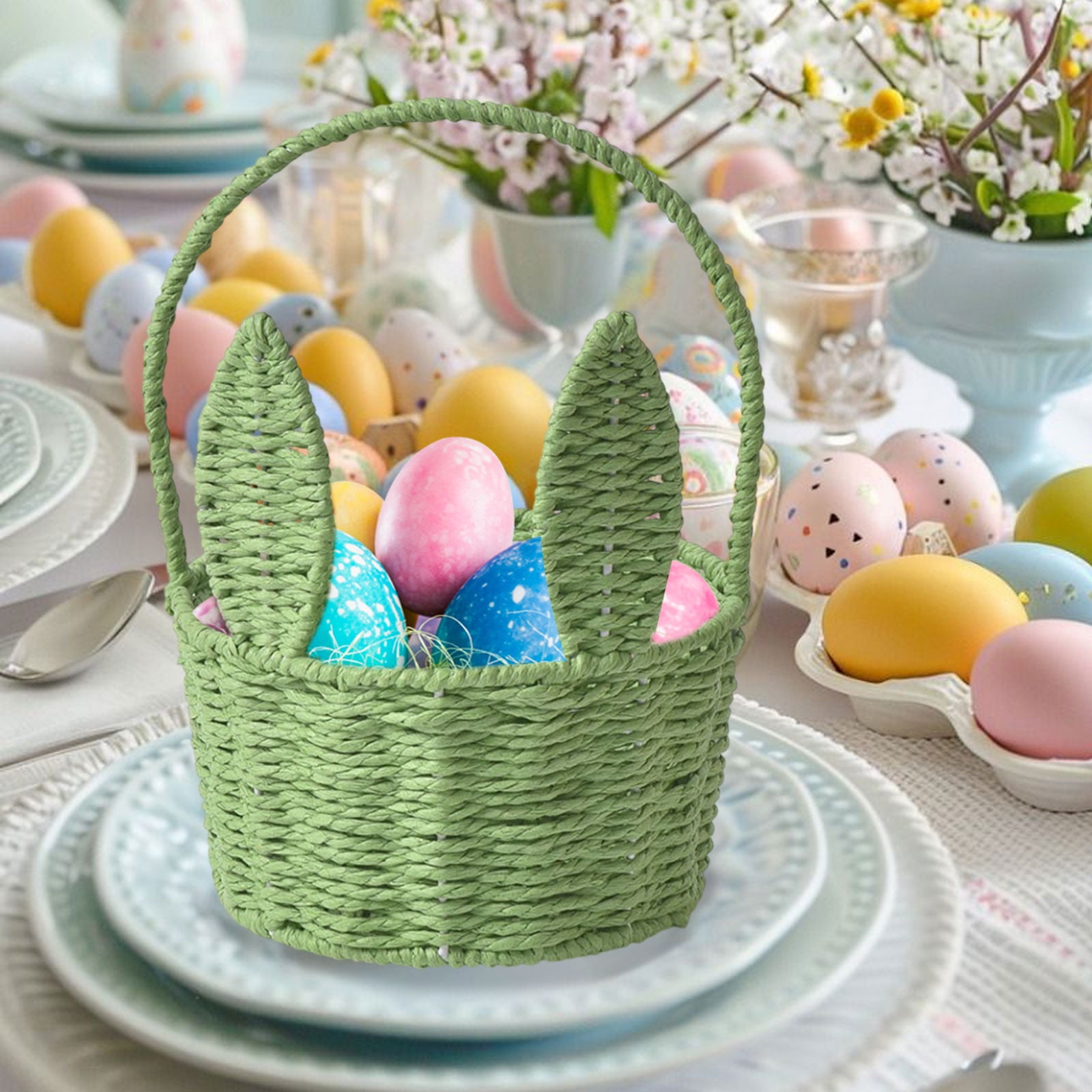 2 Packs Easter Bunny Basket with Long Ears Woven Storage Tote Bag for Easter Eggs Decorations Kids Gift Organizer Home Party Supplies Multicolor 26x20x16cm