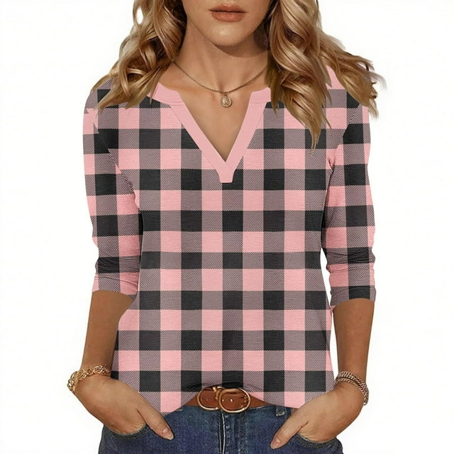 Soki Womens Basic Casual V Neck Plaid Print 3/4 Sleeve Work Tops Blouses Shirts