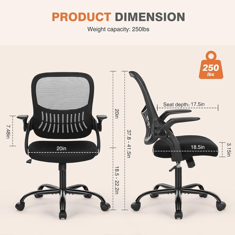 Beddle Office Chair with Lumbar Support, Ergonomic Mesh Mid-Back Swivel Desk Chair with Flip-Up Arms, Comfortable Task Chair for Home Office or Study, Black