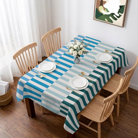 Colorful Stripe Table Cloth Waterproof Tablecloths, Modern Teal Blue Green Vertical Striped Tablecloth Dining Table Cover for Kitchen Party Tabletop Outdoor, Rectangle Tablecloth 52x70 Inch