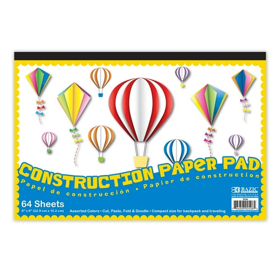 BAZIC Mini Construction Paper Pad 64 Sheet 6"x9" Assorted Colors, 1-Pack