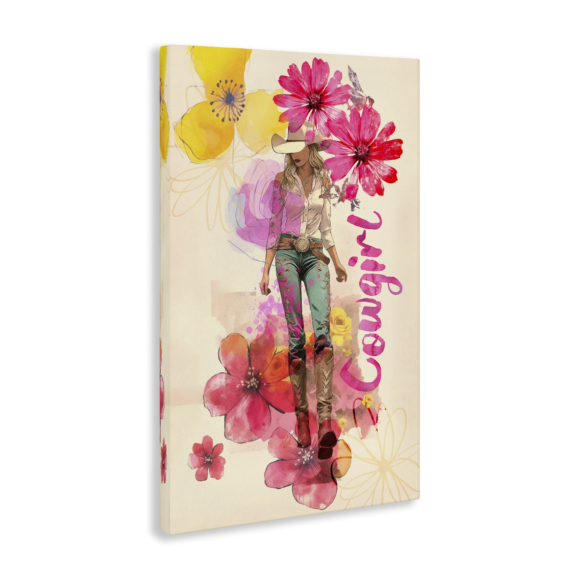 Stupell Industries Fancy Floral Cowgirl People Painting Wrapped Canvas Art Print Wall Art, 24 x 36