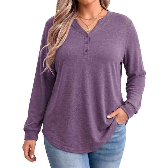 WellSize Plus Size Blouses for Women Henley V Neck Tops Casual Long Sleeve Button Shirts Fall Pullover Outfit