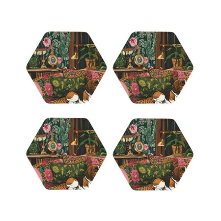 

Fuzoiu Dog On Floral Couch Print Leather Coasters Set Drink Coasters Set of 4 for Tabletop Protection Durable PVC Coasters Home Décor and Housewarming Gift-Hexagon
