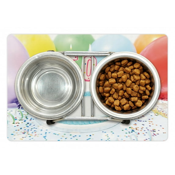 50th Birthday Pet Mat for Food and Water, White Tasty Cake on the Table with Colorful Balloons Party, Non-Slip Rubber Mat for Dogs and Cats, 18" X 12", by Ambesonne