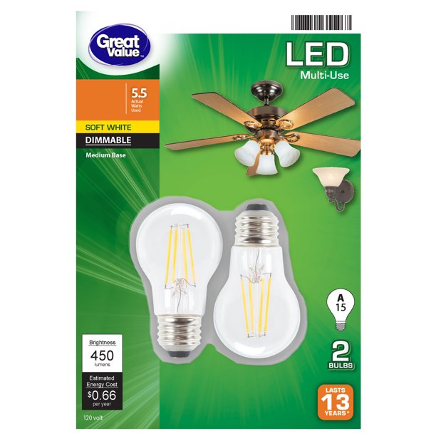 Great Value LED Light Bulb, 5.5 Watts (40W Equivalent) A15 Ceiling Fan Clear Lamp E26 Medium