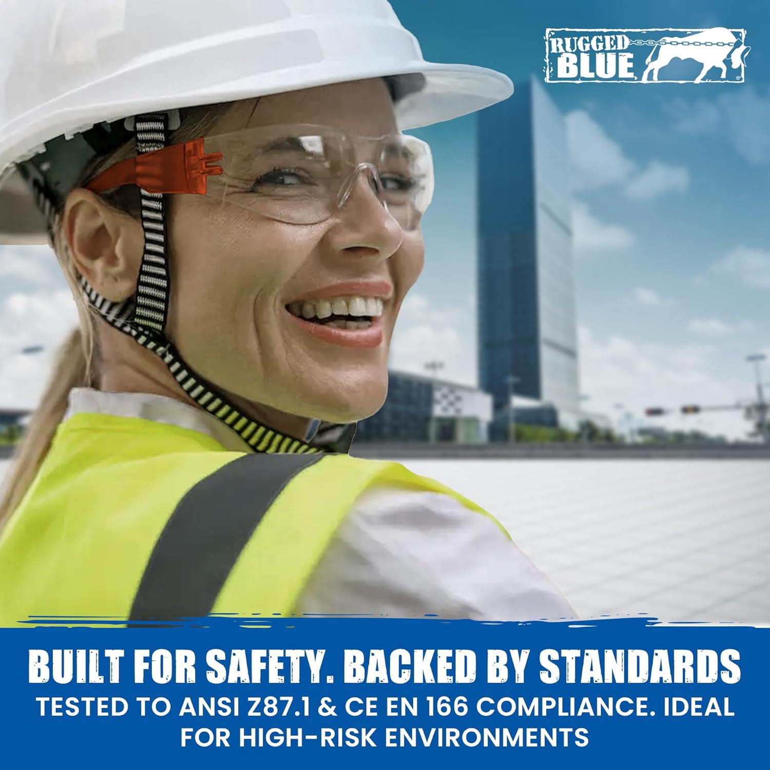 Rugged Blue Diablo Safety Glasses - Orange Frame -12 Pack | Clear Lens Protective Eyewear | Lightweight Frameless Design | Scratch-Resistant Lens for Work Construction Lab and Industrial Use