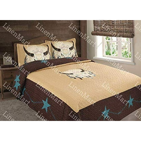 Linen Mart Queen Quilt 3 Piece Set Rustic Brown Beige West Cow Long Horn Skull Feathers Western Star Bedspread Coverlet Comforter