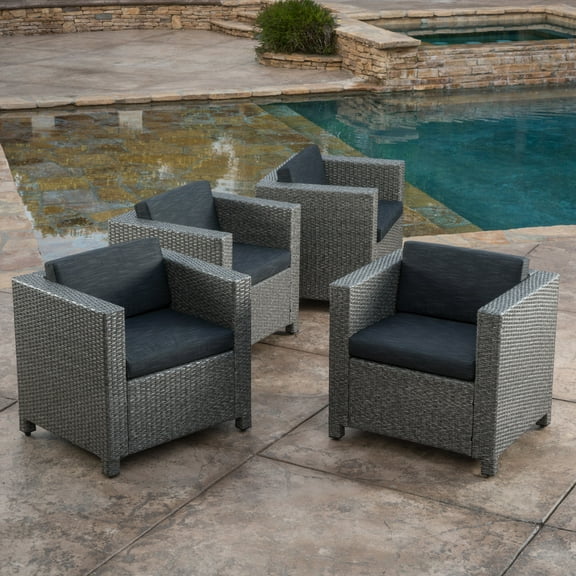 Outdoor Mixed Black Club Chairs with Dark Grey Water Resistant Cushions (Set of 4)