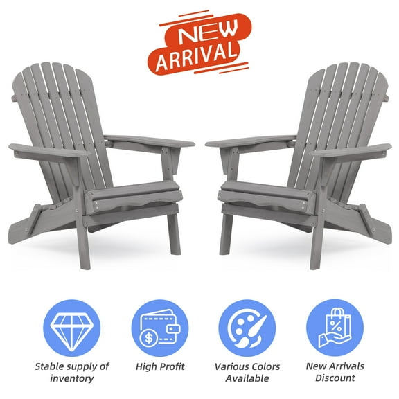Yoneston Folding Adirondack Chair Set of 2 Outdoor Solid Wooden Accent Lounge Furniture w/ 250lb Capacity - Grey