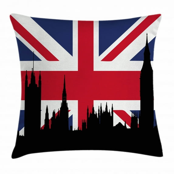 Union Jack Throw Pillow Cushion Cover, Houses of the Parliament Silhouette on UK Flag Historic Urban Skyline, Decorative Square Accent Pillow Case, 24 X 24 Inches, Royal Blue Black Red, by Ambesonne