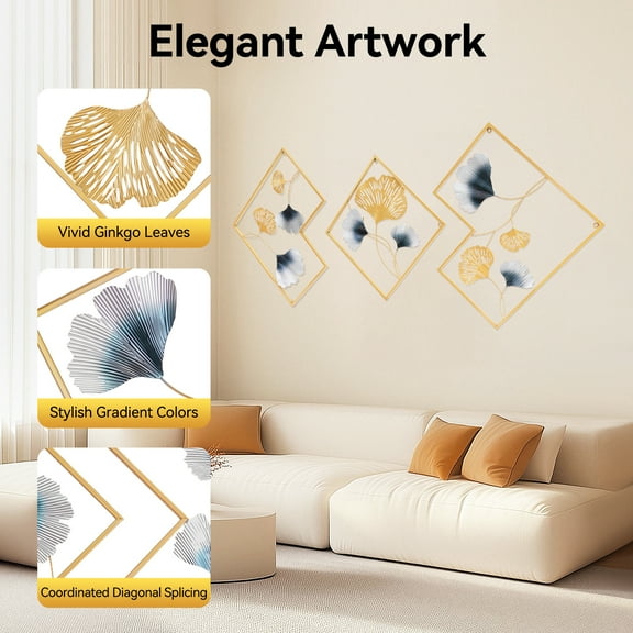 3-Piece 3D Ginkgo Metal Wall Art Sculpture - Gold & Blue Decor 164 x 70.5 cm Indoor for Bedrooms, Living Rooms, Bathrooms