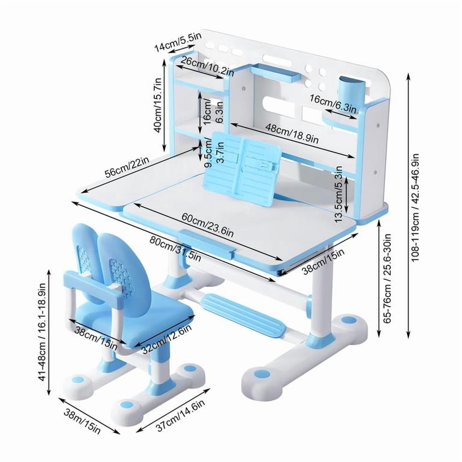 YNCE 2025 Upgrade Kid Desk and Chair Set, 50-Degree Tiltable Desktop Height Adjustable Kids Table and Chair Set with Bookshelf Storage Drawer for Bedroom Study Room (Blue #3)