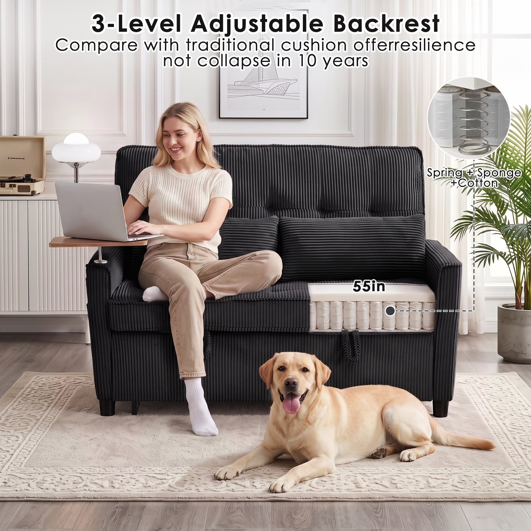 AISWORD 55" 3-in-1 Convertible Sleeper Sofa Bed, Pull Out Loveseat Couch with Side Tray Table & USB Charging Port, Adjustable Backrest Sofa for Apartment, Bedroom, Office, Black