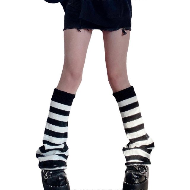 Women Girls Dark Goth Ribbed Knit Leg Warmers Contrast Color Striped Wide Leg Flare Foot Cover Socks Harajuku Loose Knee High Stockings