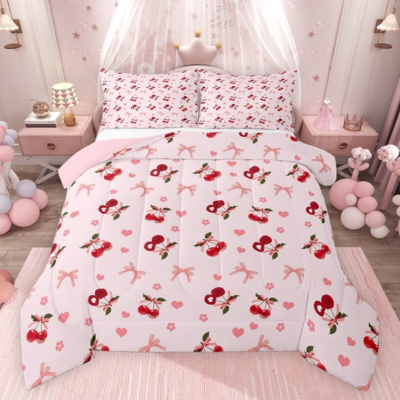 Feelyou Princess Bowknot Kids Bedding Comforter Set, Fashion Cherry Flower Twin Comforter Sets, Pink Bow-tie Theme Reversible Bedding Set, Ultra Soft Bedroom Decor, 2pcs