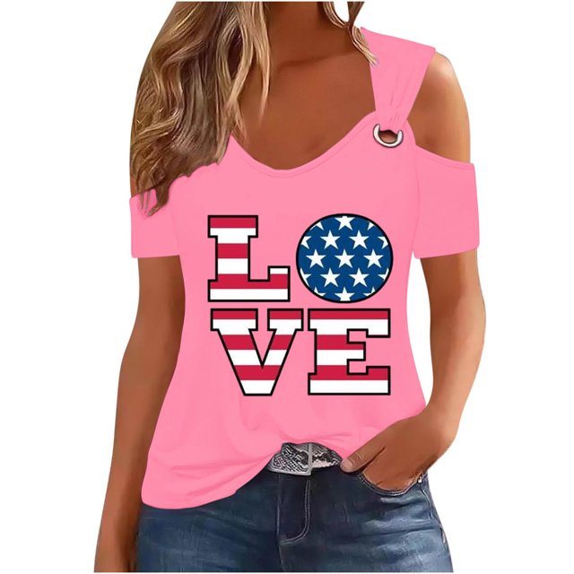 Tops de Hombro Frío para las Mujeres Día de la Independencia Impreso Fuera Del Hombro Blusa con Cuello en V, Fuera Del Hombro de las Mujeres
